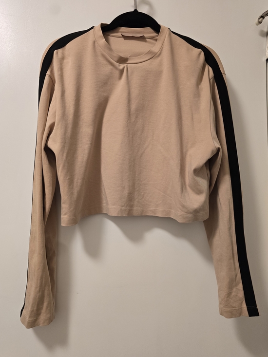 WARDROBE.NYC Tops - WARDROBE.NYC Beige Cropped Long-Sleeve Top with Black Stripes